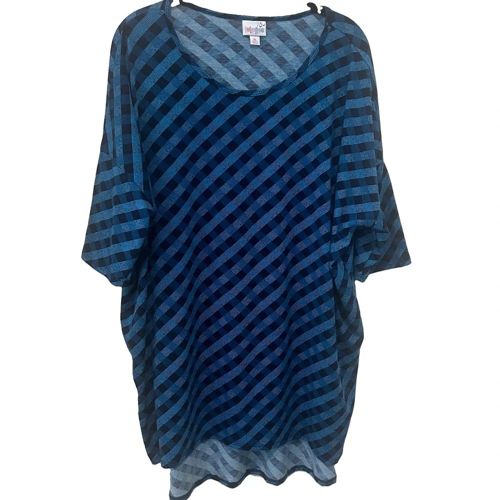LuLaRoe Blue Black Diagonal Plaid Short Sleeve HiLow Tunic XL Simply Comfortable